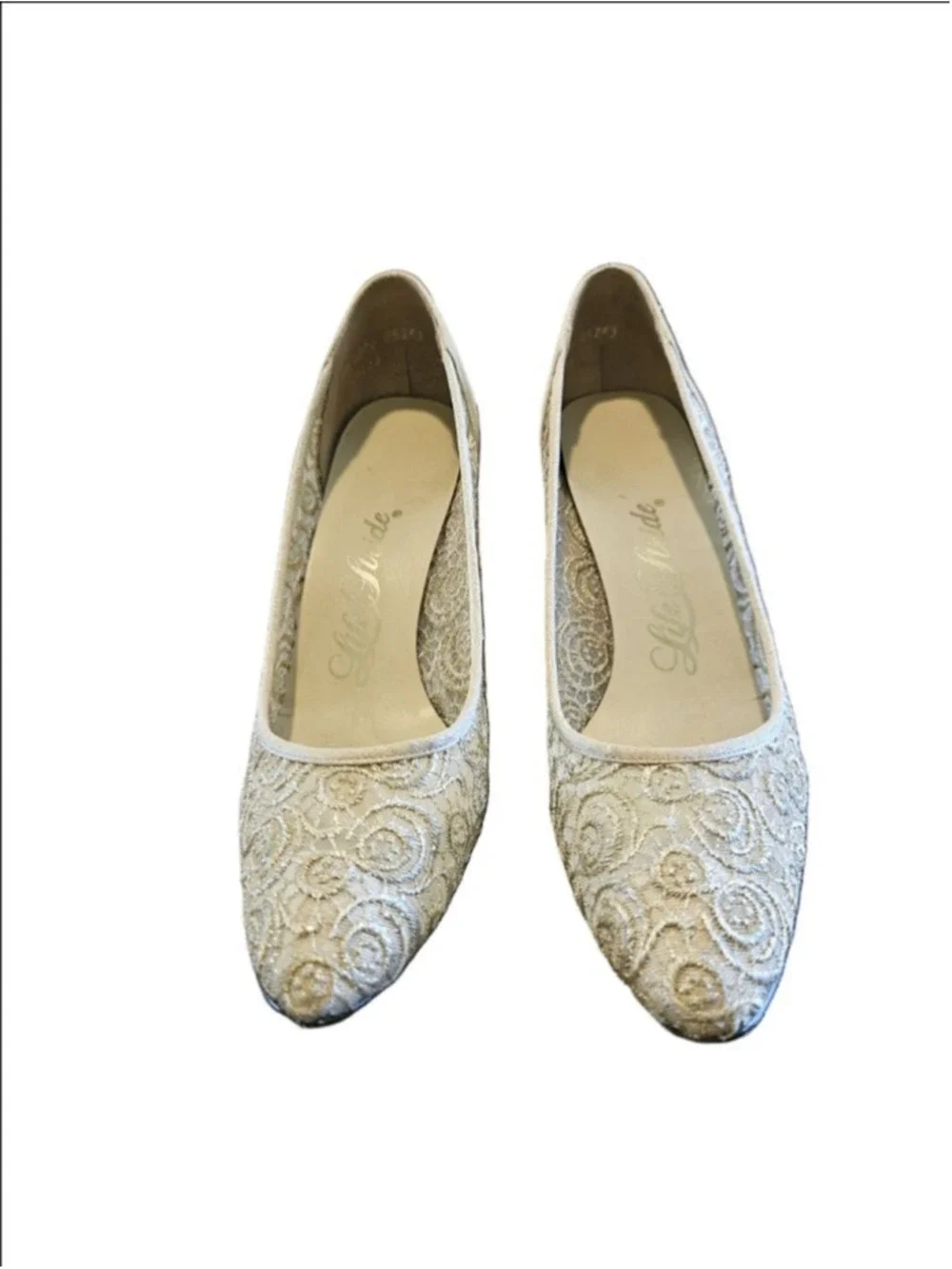 Women's Life Stride VTG 60s Bridal Gold Lace Kitten Heel Pumps 8.5 AA